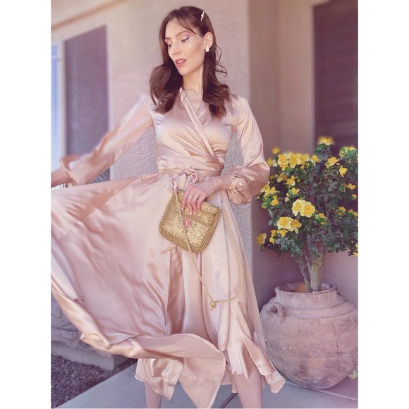 Nasty Gal Dresses & Skirts - NASTY GAL Champagne Beige Satin Long Sleeve V Neck Belted Wrap Maxi Dress Sz 0